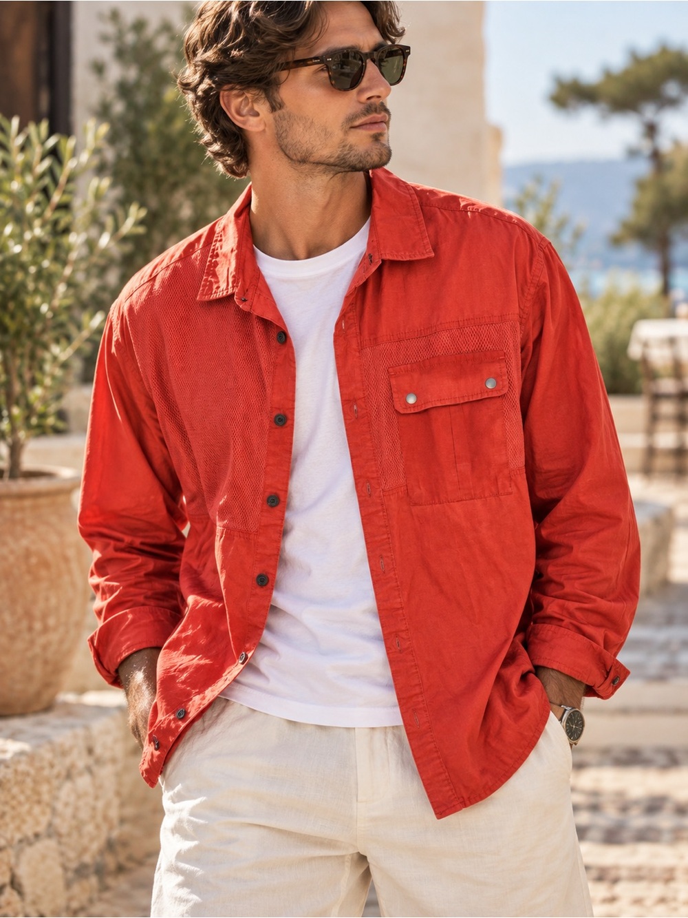ASOS DESIGN Utility Mesh Panel Overshirt Red Orange Men’s 2XL #865
